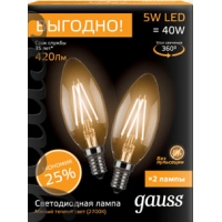 Лампа Gauss Filament Свеча E14 5W 2700К 2/50 (2 лампы в упаковке)